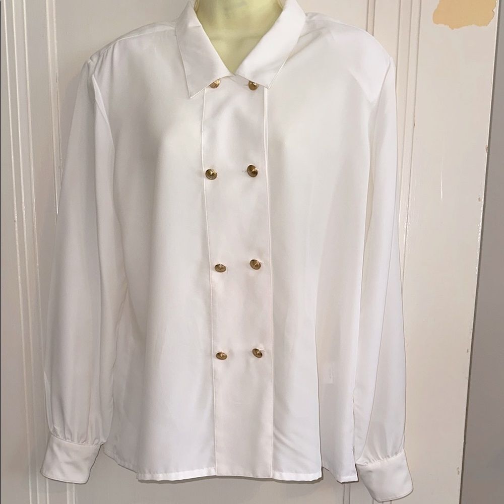 Vintage Bleyle White Polyester Double-Breasted Blouse with Gold Buttons